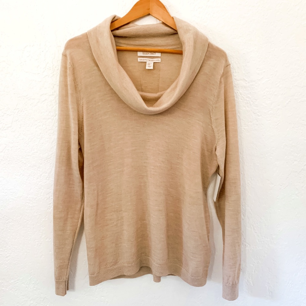 ellen tracy oatmeal cowl neck wool sweater, sz XL